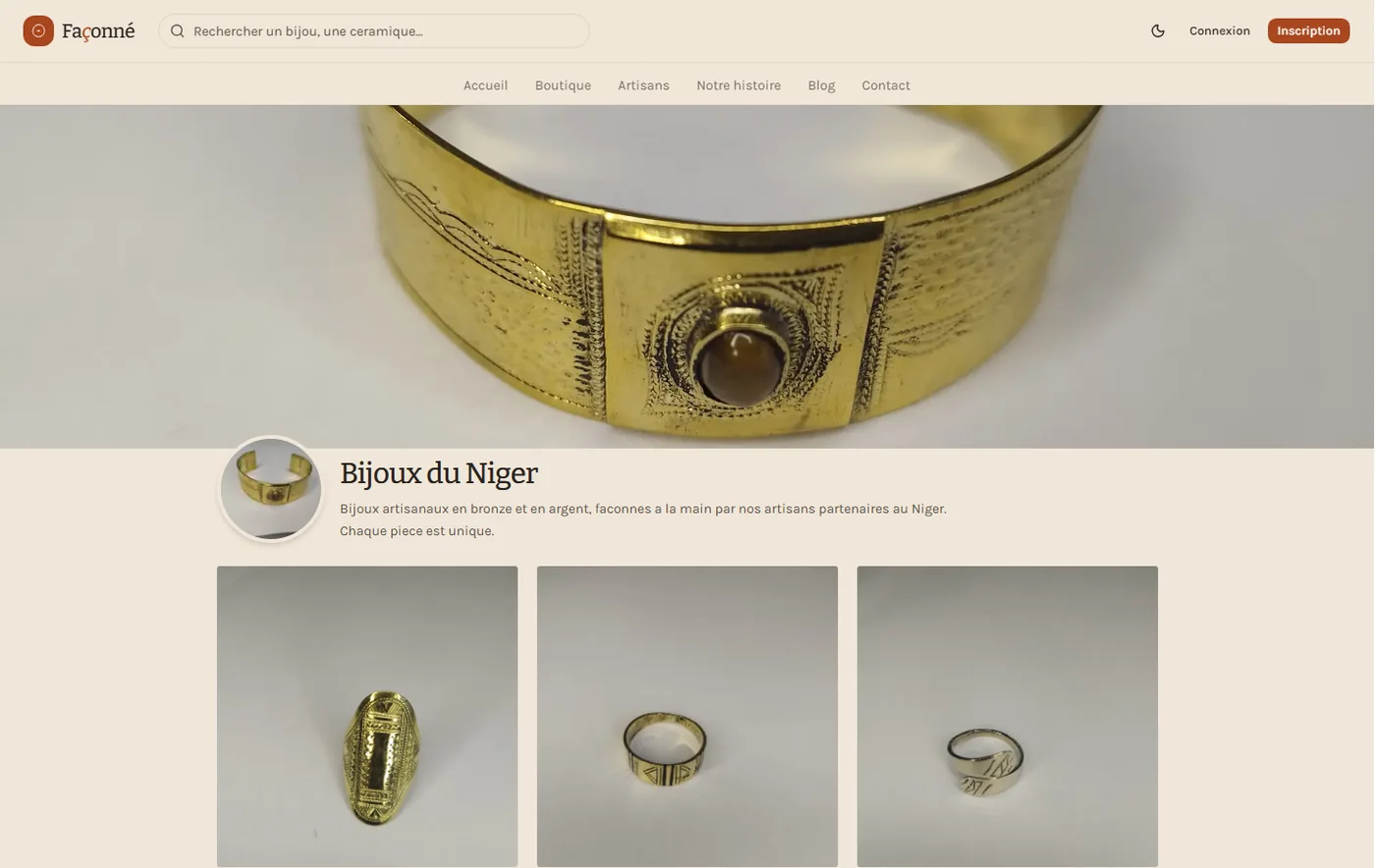 Page d'une boutique d'artisan sur Façonné