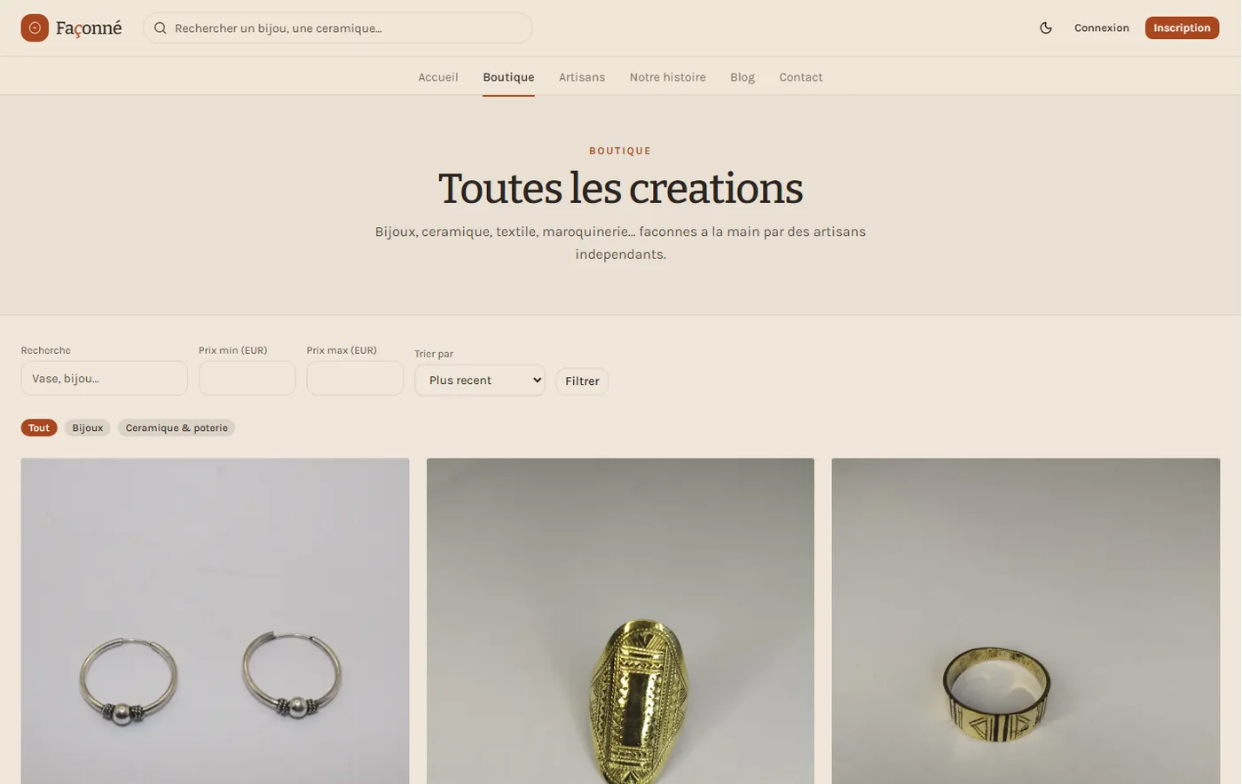 Page boutique de Façonné : recherche, filtres et créations