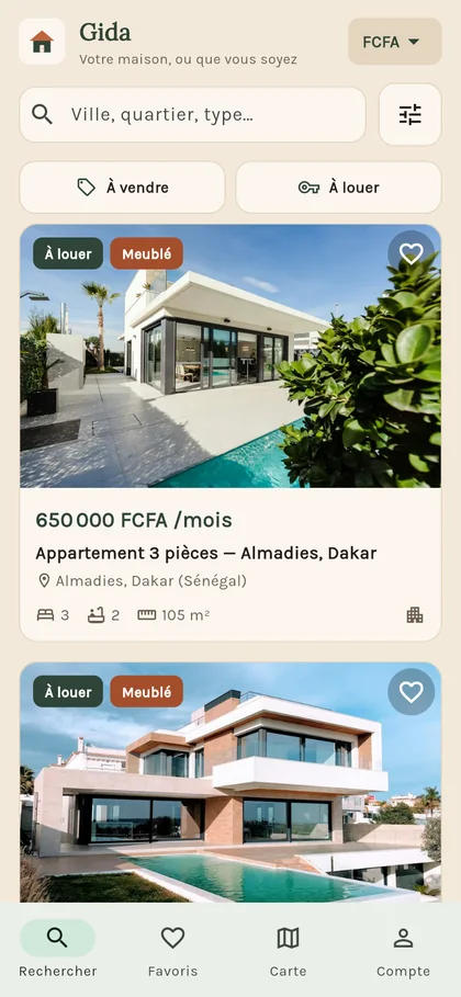 Écran de recherche de Gida avec les biens à louer
