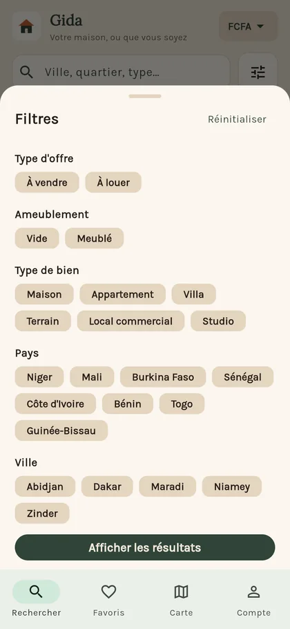 Filtres de recherche de Gida