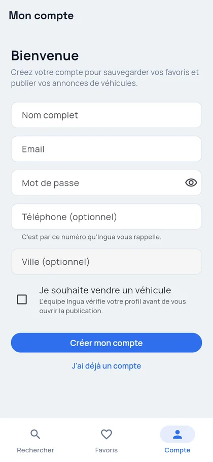 Création de compte sur Ingua