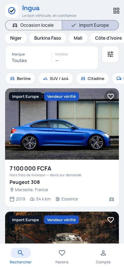 Recherche de véhicules sur Ingua, onglet Import Europe