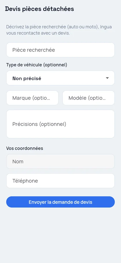 Formulaire de devis de pièces détachées sur Ingua