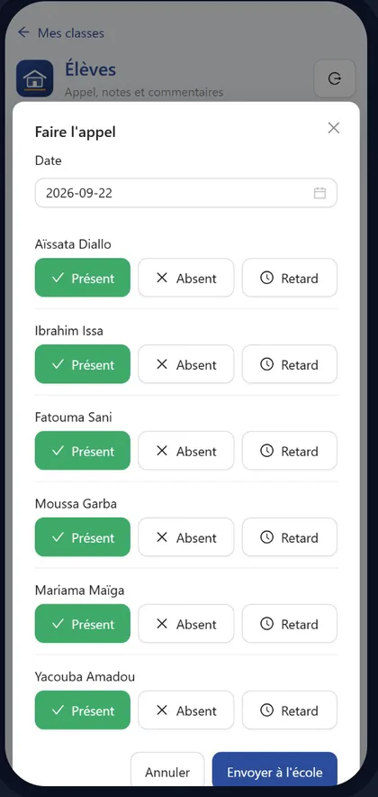 Espace enseignant : appel avec trois boutons présent, absent, retard