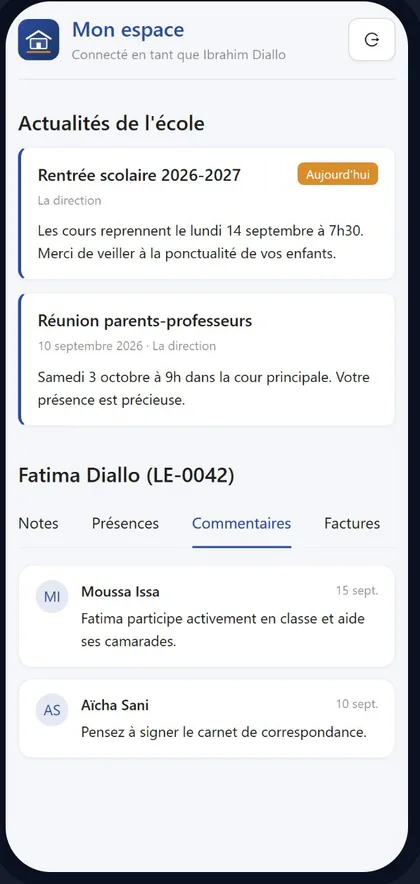 Espace parent : commentaires des enseignants