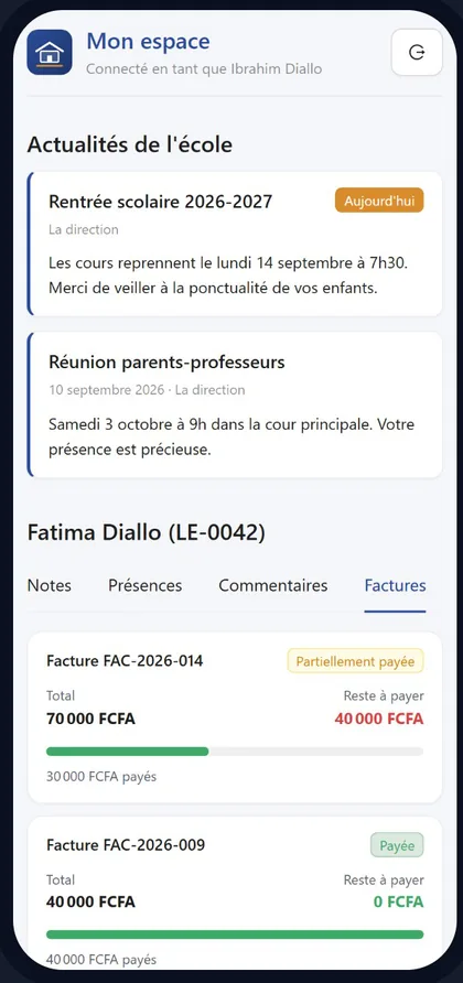 Espace parent : factures et reste à payer