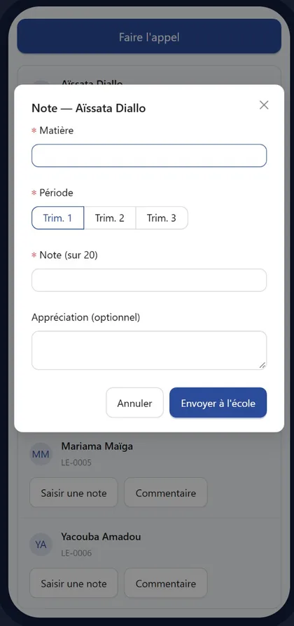 Espace enseignant : saisie d'une note