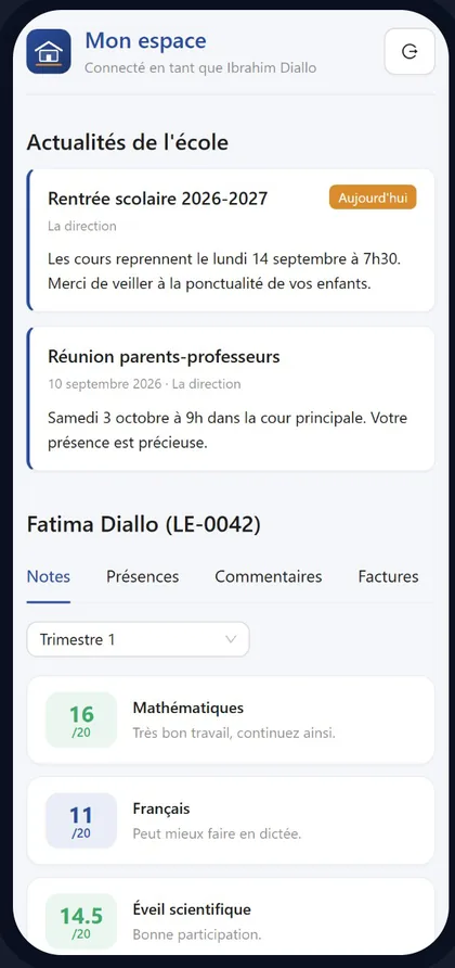 Espace parent : notes de l'enfant par matière