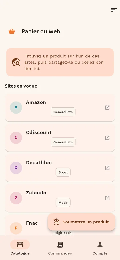 Catalogue des sites dans Panier du Web