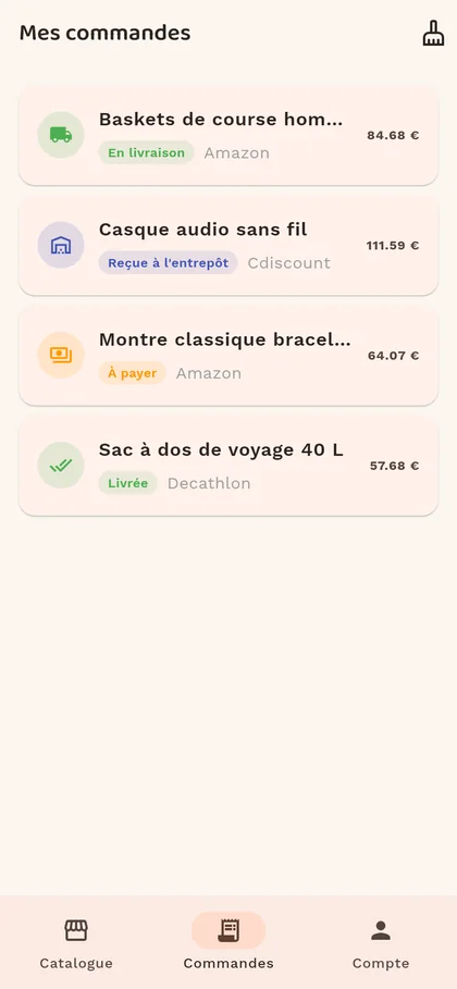 Liste des commandes dans Panier du Web