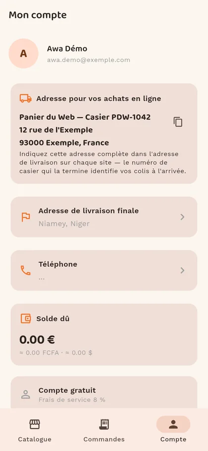 Écran du compte avec l'adresse de l'entrepôt et le numéro de casier