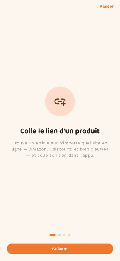 Écran d'accueil : coller le lien d'un produit