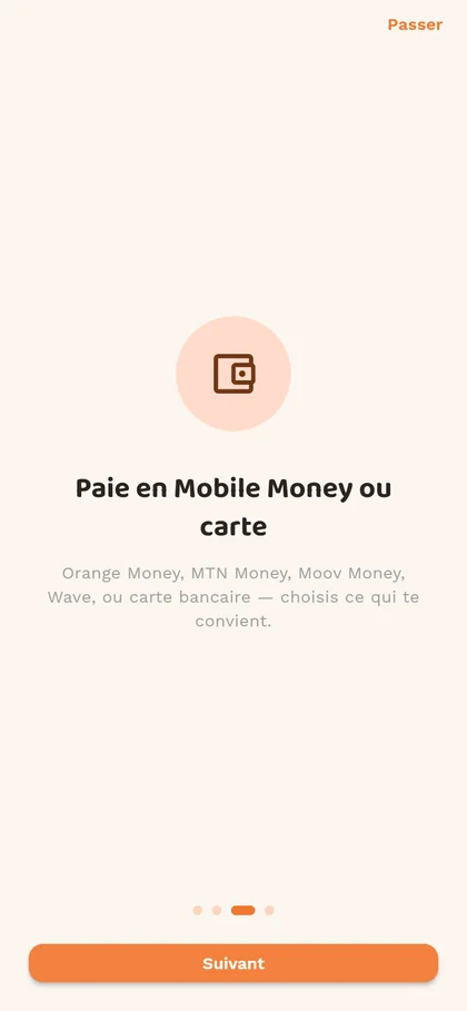 Écran d'accueil : payer en Mobile Money ou par carte