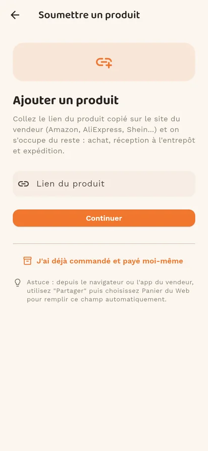 Écran d'ajout d'un produit par lien dans Panier du Web