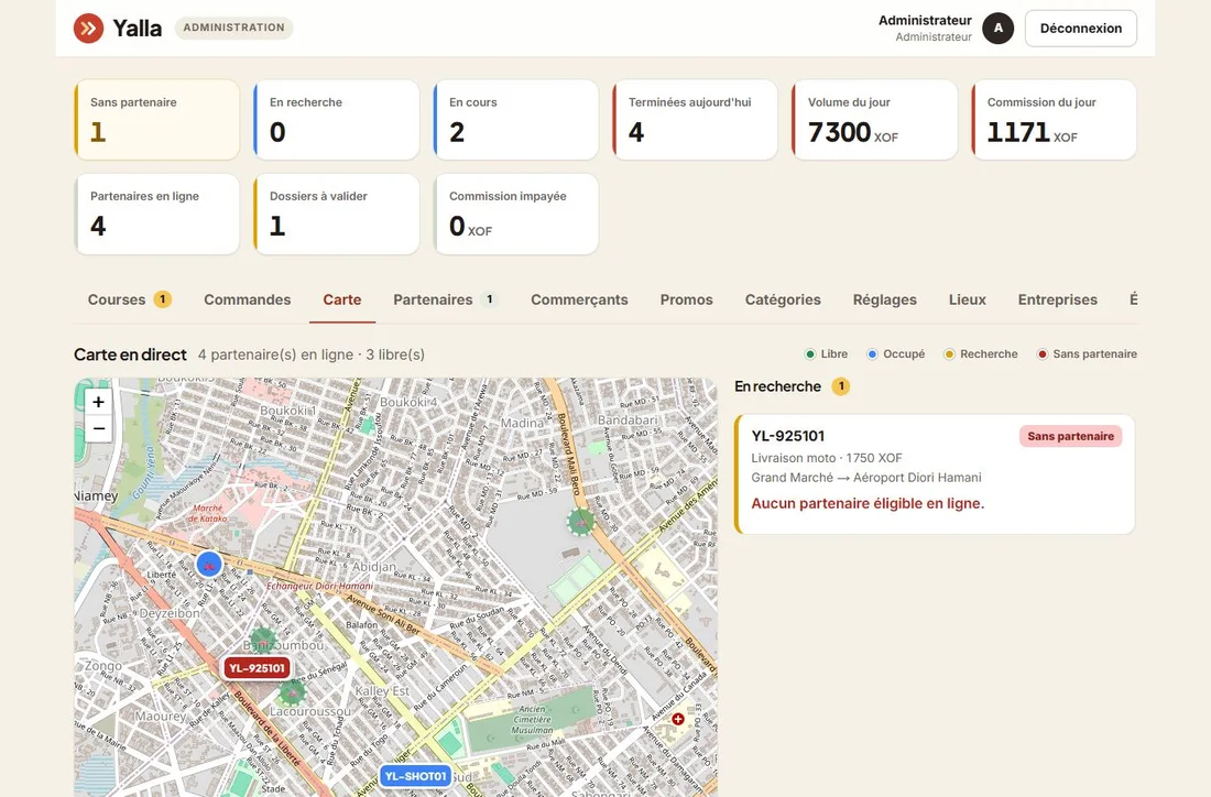 Yalla : carte en direct des partenaires dans le back-office