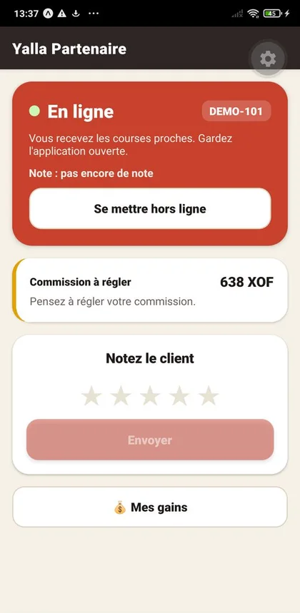 Yalla partenaire : en ligne, note du client