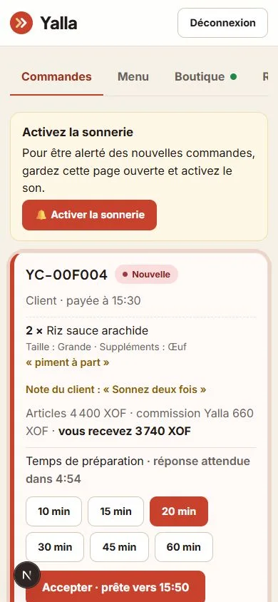 Yalla commerçant : commande reçue, à accepter ou refuser