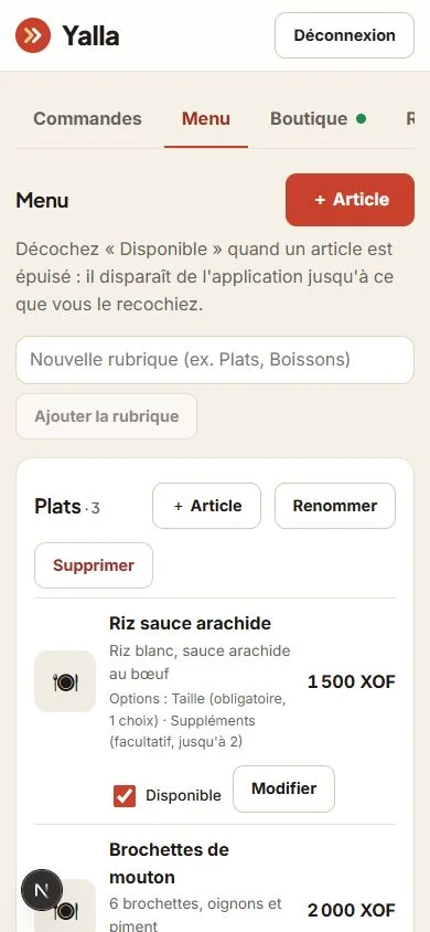 Yalla commerçant : menu par rubriques